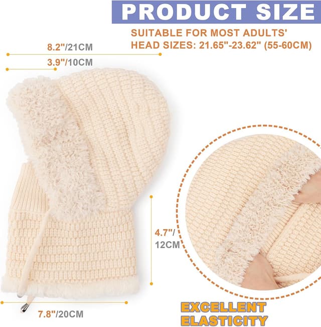 Detalle 2 de DRESHOW Women’s winter knit balaclava beanie with drawstring hood scarf – 3-in-1 cold-weather hat