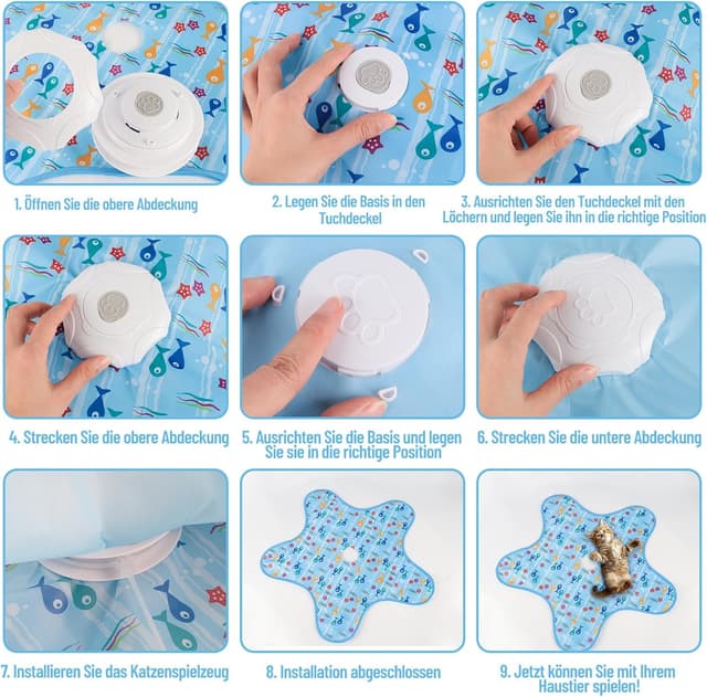 Detalle de Interaktives Katzenspielzeug mit Feder und Quietschmaus – USB wiederaufladbar, mit Versteckspiel & 3 Lichtmodi (blau)