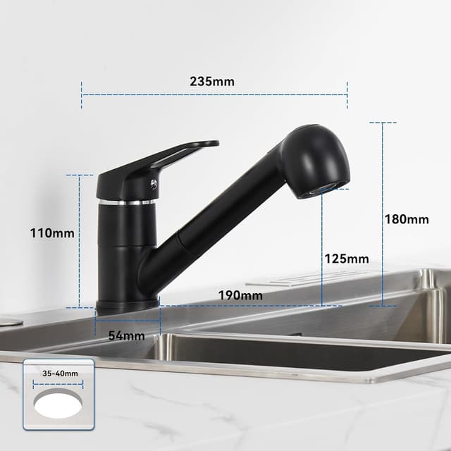 Detalle de AuraLum Rubinetto cucina doccetta estraibile nero moderno, monocomando girevole 360° con 2 getti