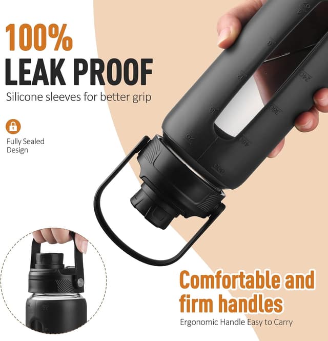 Thumbnail 1 de BLUEGO 600ml Glass Water Bottle with Straw and 2 Lids