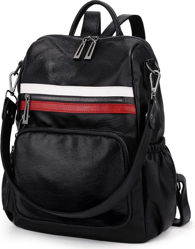 Detalle 2 de UTO Damen Rucksack aus PU Washed Leder – modischer Multifunktionsrucksack mit Doppelreißverschluss und Quastendesign
