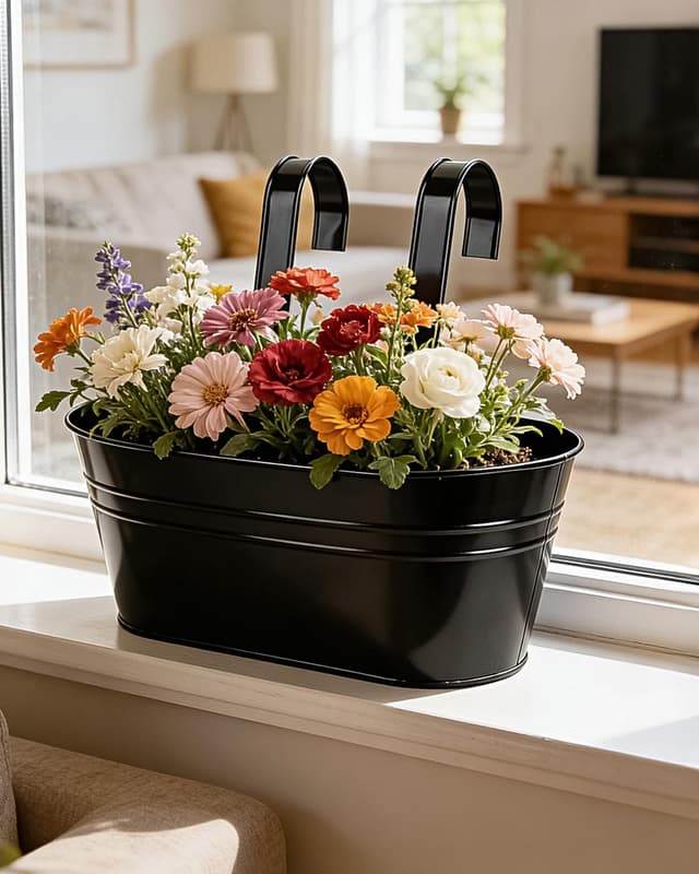 Detalle 2 de 4 Pack Black Galvanised Iron Hanging Flower Pots with Detachable Hooks (Large) – Balcony & Fence Planters