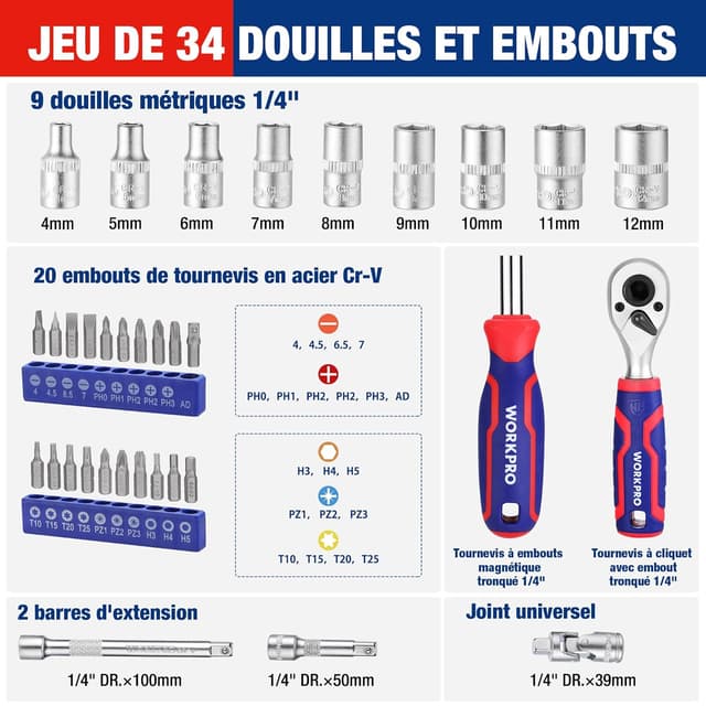 Detalle 2 de Coffret WORKPRO de douilles et embouts 34 pièces 1/4" double tête, rallonges et joint universel