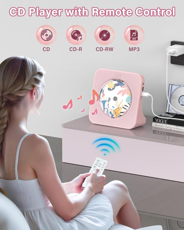 Detalle 2 de Greadio Portable CD Player with Bluetooth 5.0, FM Radio, AUX & USB (Pink)