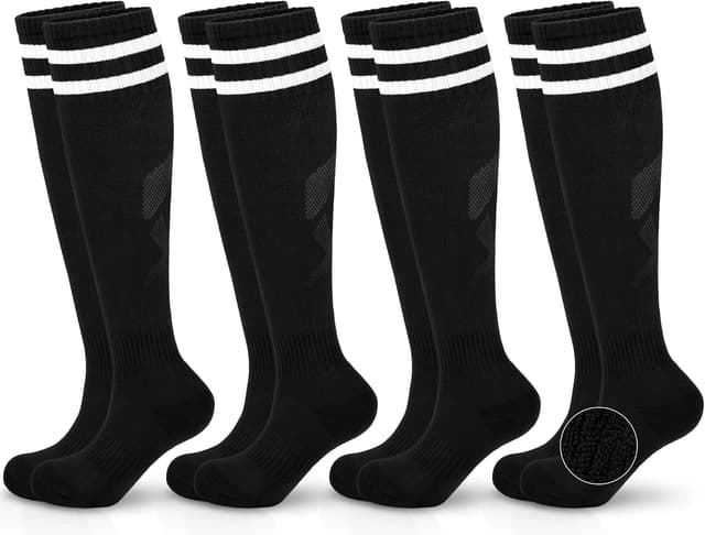 Detalle de Hryrbay 4 Pairs Kids Cotton Soccer Socks (Cushioned, Striped) for Boys & Girls, Knee-High Style