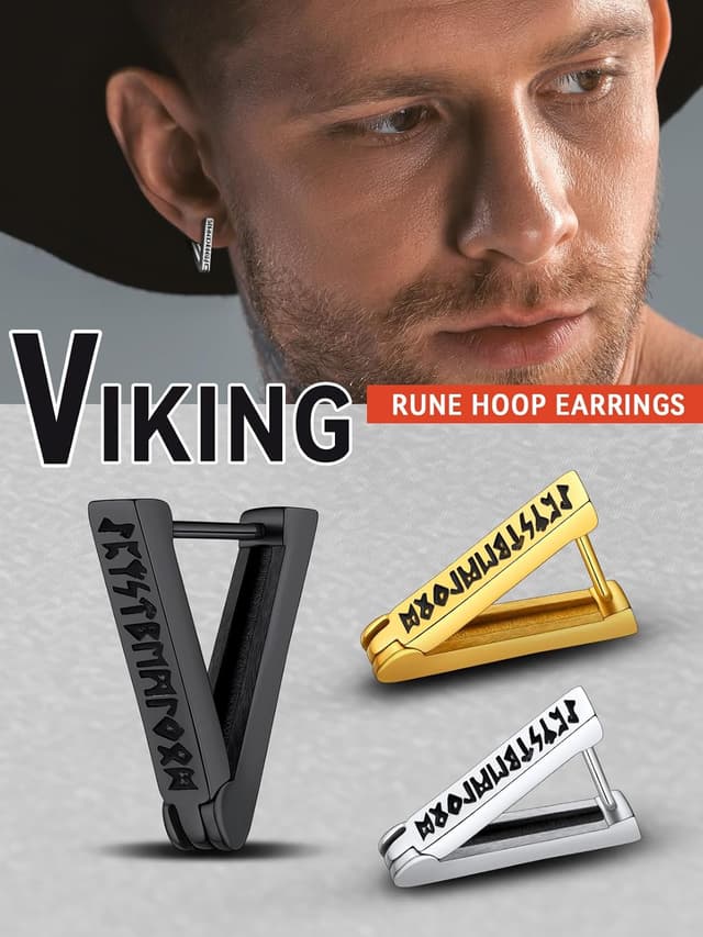 Detalle de FaithHeart Viking Hoop Earrings for Men with Norse Runes – Stainless Steel 316L, Hypoallergenic, Gift Wrapped