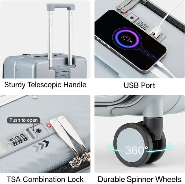 Thumbnail 6 de Hanke 20 Inch Cabin Suitcase with Combination Lock, Cup Holder & Top Opening Hard Shell (Grey)