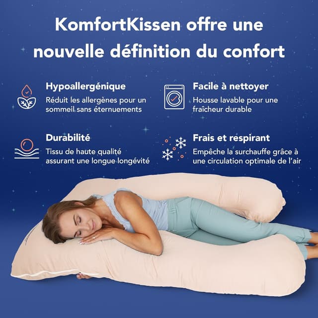 Detalle de MKS Coussin de grossesse 100x150 cm en U : support ergonomique et housse en bambou lavable