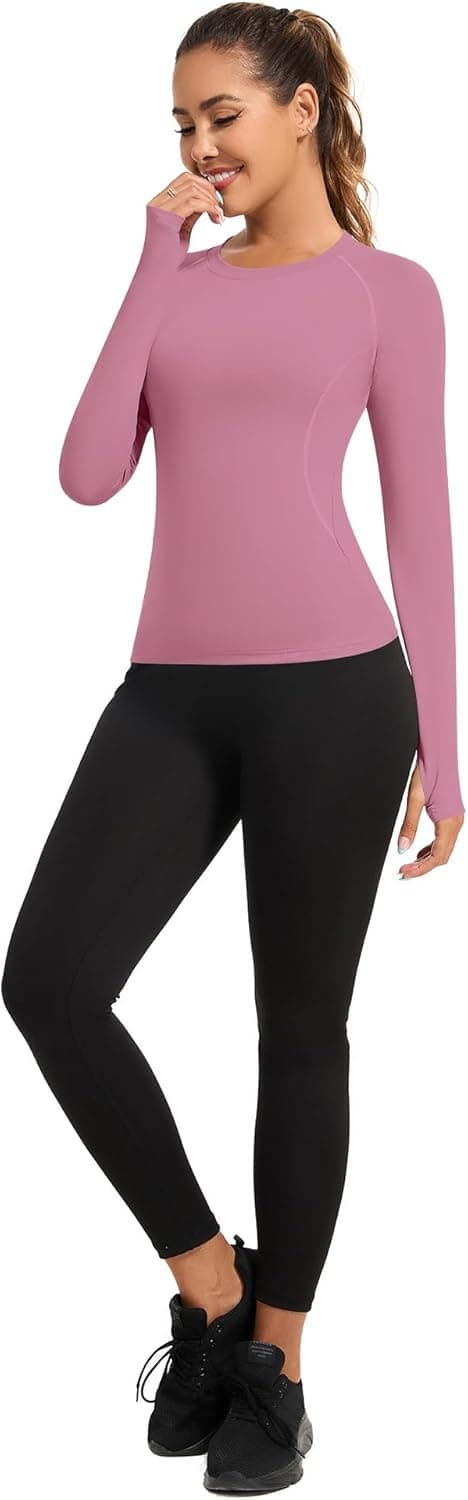 Detalle de Rapbin Damen Sportshirt Langarm – Rundhals Funktions-Top für Gym, Yoga & Running
