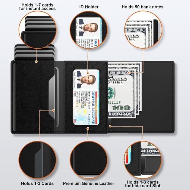 Detalle de Men’s Wallet Credit Card Holder with Pop-up Card Case, RFID Blocking & Coin Pocket (Top Grain Leather + 6063 T5 Aluminium)