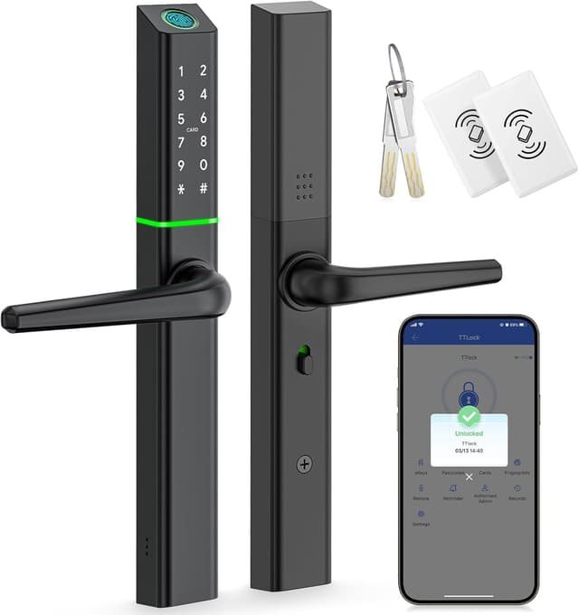 Detalle de Ruveno Weatherproof Smart Door Lock with Handle (Fingerprint, Code & Bluetooth App) — slimline digital deadbolt