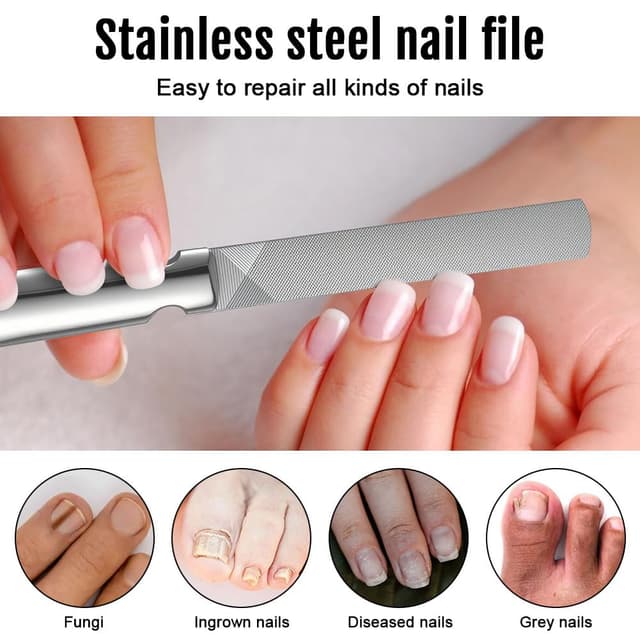 Detalle de AUYAO professionelles Nagelfeilen- & Zehennagelheber-Set (3-teilig) mit Ledertasche – doppelseitige Feile, grob & fein