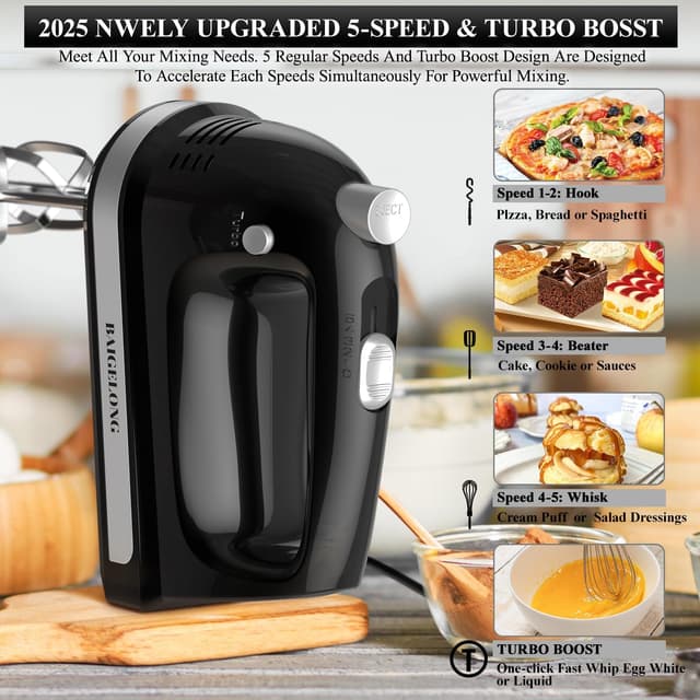 Detalle de BAIGELONG Hand Electric Mixer 300W with 5 speeds, turbo boost and 5 stainless steel attachments (black)
