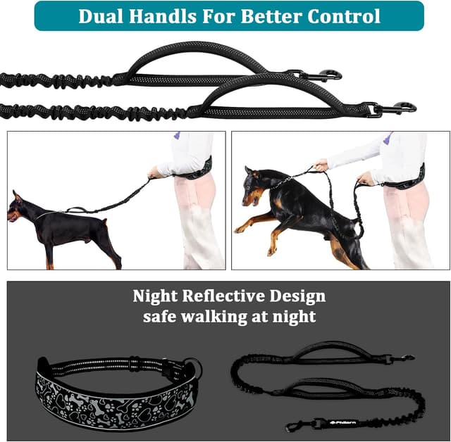 Detalle de PHILORN Philorn Joggingleine für große Hunde mit Bauchgurt, freihändigem Laufleine-System und reflektierenden Nähten (Schwarz)