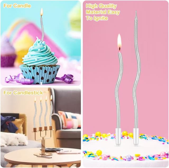 Detalle 2 de URAQT 24 Twisty Spiral Birthday Candles (Metallic) with Holders – Silver