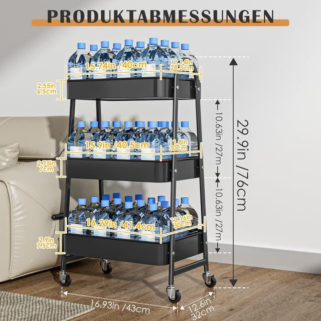 Detalle de StowBin 3-stöckiger Metallrollwagen in Schwarz – schmaler Rollwagen für Küche, Bad & Arbeitszimmer