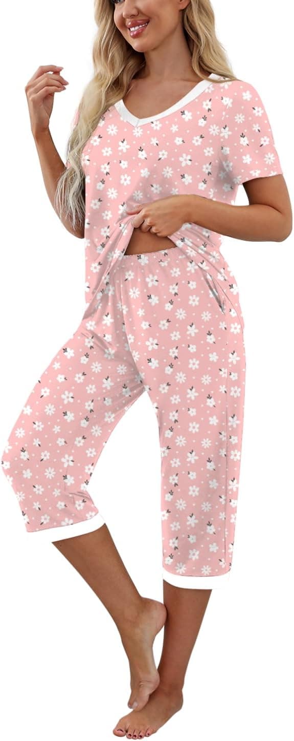 Detalle 2 de PrinStory women’s short sleeve pyjamas set with capri bottoms and pockets (rayon blend)