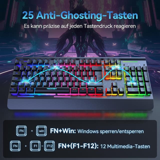 Detalle de TECKNET Gaming-Tastatur kabellos (QWERTZ, deutsches Layout) mit RGB, 105 Tasten und Handgelenkauflage
