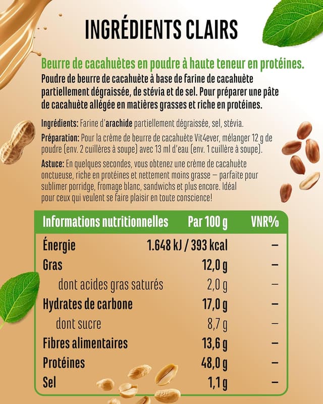 Detalle 2 de Beurre de cacahuètes light en poudre Vit4ever (85%) 500 g, sans sucre ajouté