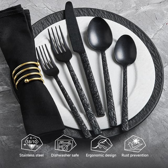 Thumbnail 2 de KINGSTONE 20-Piece Black Hammered Flatware Set 🍽