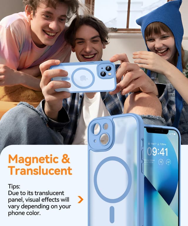 Detalle de CANSHN Magnetic iPhone 13 Case (6.1") with full camera protection, MagSafe compatibility and matte translucent finish – Light Blue