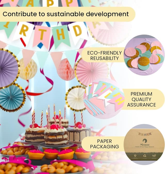 Detalle de Meowoo Geburtstagsdeko-Set mit „Happy Birthday“-Girlande, Wimpelkette, Macaron-Dekor aus Papier & Wabenblumen