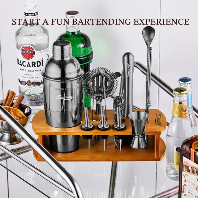 Detalle de KITESSENSU Cocktail Shaker Set Bartender Kit with Stand (15-Piece) in Black