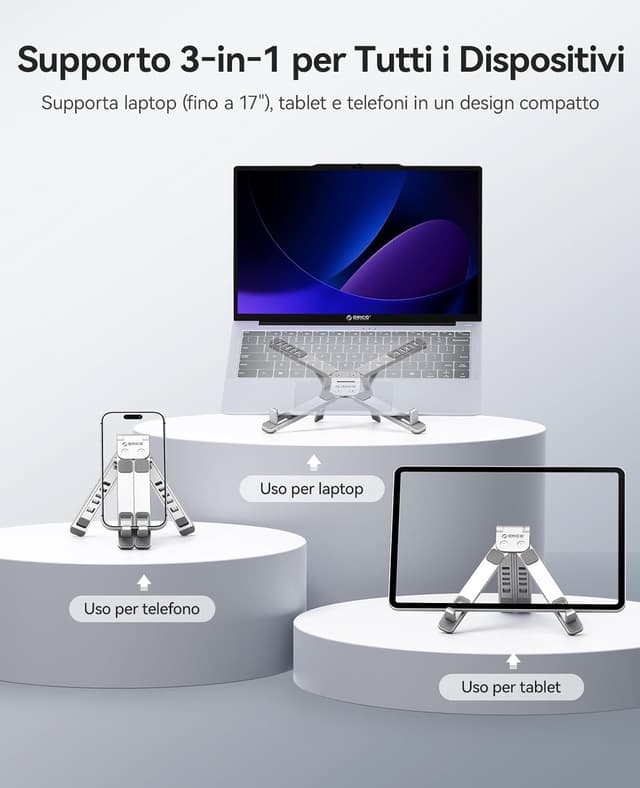 Detalle 2 de ORICO PN1 Supporto pieghevole 3 in 1 per laptop, tablet e telefono fino a 17" in alluminio