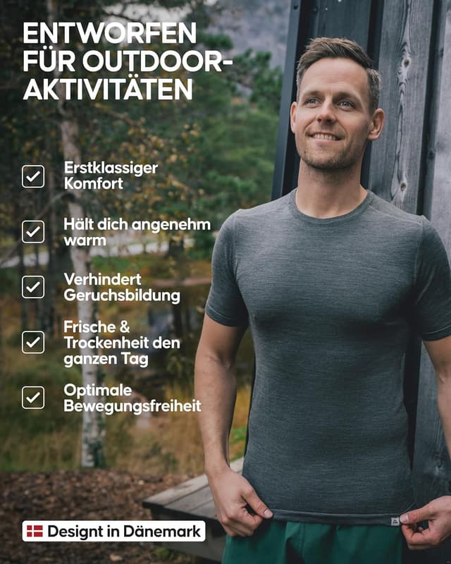Detalle de DANISH ENDURANCE Merino Shirt Herren – Premium Thermo-Unterhemd Kurzarm mit Temperaturregulation
