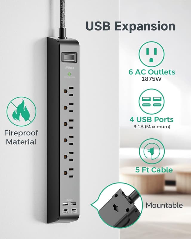 Detalle 2 de 2 Pack Surge Protector Strip with 6 Outlets ⚡