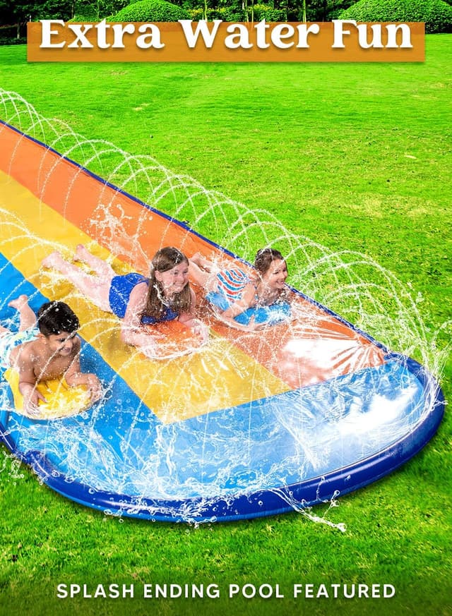 Detalle de Sloosh 18 ft / 548 cm dreispurige Rasen-Wasserrutsche mit Sprinkler & 3 Bodyboards