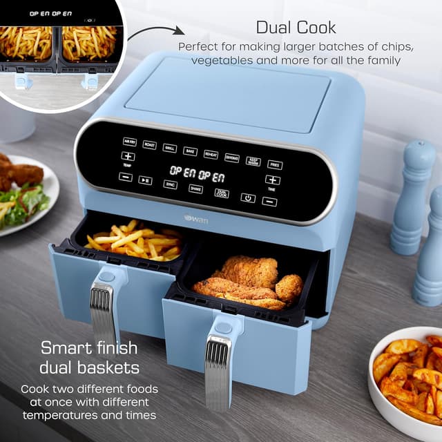 Detalle 2 de Swan SD10519BLU Retro Dual Basket Air Fryer with Cyclone Technology (8L, 1700W, Blue)