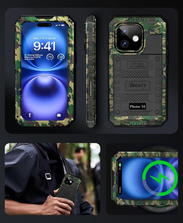 Detalle de Beeasy Robust Series Waterproof iPhone 16 Case (Camo) — heavy duty full-body protection with built-in screen cover