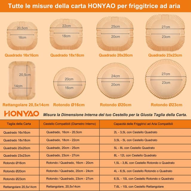Detalle de HONYAO fogli di carta forno antiaderente 20x20 cm per friggitrice ad aria XXL (5–8 L), 200 pezzi