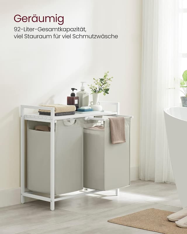 Detalle de VASAGLE Wäschekorb mit 2 Fächern, Ablage & abnehmbarem Wäschesack (2 x 46 l) BLH201W01