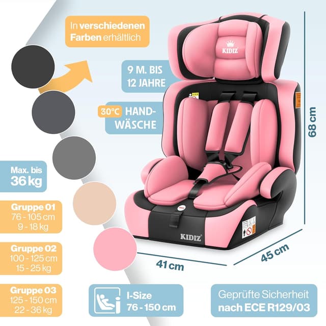 Detalle 2 de KIDIZ Autokindersitz i-Size R129 100–150 cm (bis 12 Jahre), Autokindersitz Gruppe 1/2/3 ohne ISOFIX – Rosa