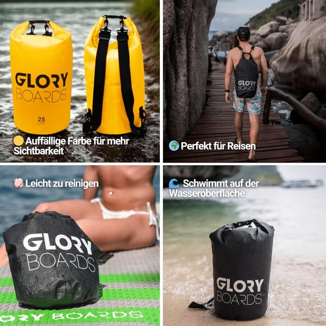 Detalle de Glory Boards Dry Bag 25L – wasserdichter Rucksack & Schwimmtasche für SUP, Kajak & Outdoor – gelb