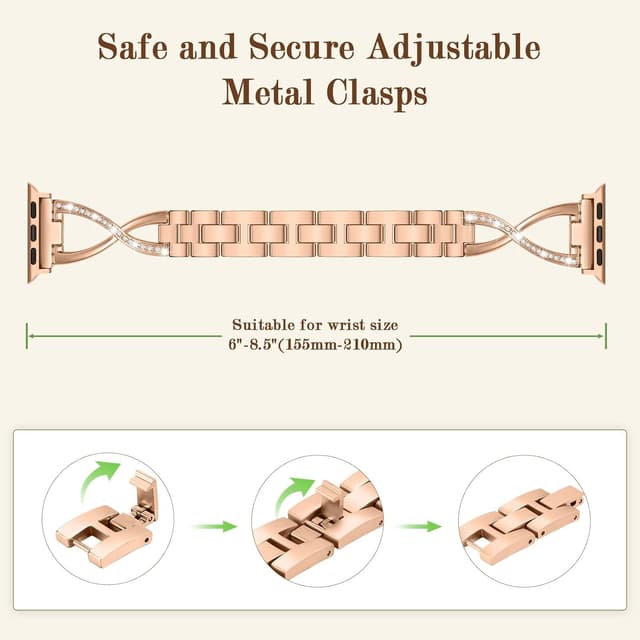 Detalle de Sixmoat Metal Straps Bling X-Shape Bracelet for Apple Watch (Rose Gold) – compatible with 38/40/41/42/44/45/46/49mm