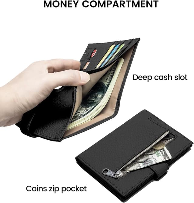 Detalle de Portefeuille porte-passeport mince en cuir RFID avec porte-cartes et poche zippée – Noir