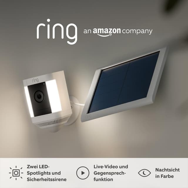 Detalle de Ring Spotlight Cam Plus Solar – 1080p-HD-Außenkamera mit LED-Spotlights, Gegensprechen, Sirene und Nachtsicht in Farbe