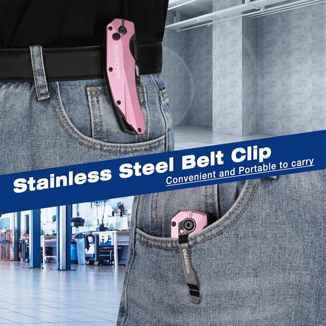 Detalle de WORKPRO Cutter Professionnel Pliant rose avec mécanisme de changement rapide et 10 lames SK5