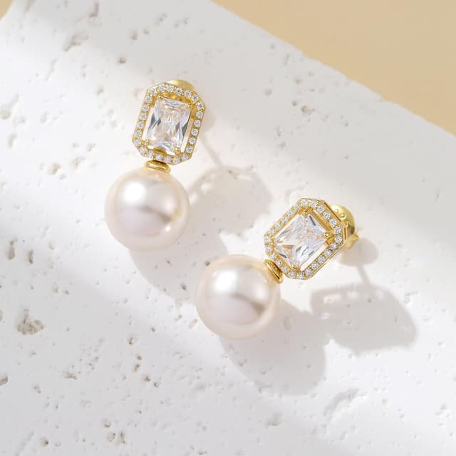 Detalle de jiamiaoi Perlenohrringe aus Silber 925 mit 18 Karat Weißgold-Positionierung und 4A+ Zirkonia