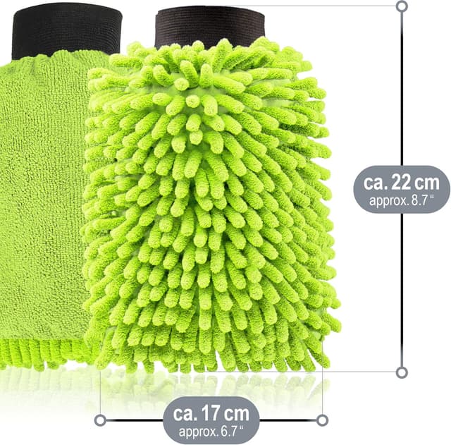 Detalle 2 de com-four® 3X Waschhandschuh aus Microfaser (Chenille) für Auto & Haushalt – neongrün, 3-teilig
