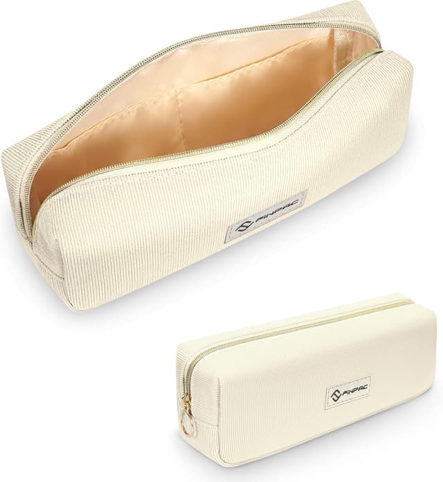 Detalle de FINPAC Trousse à crayons en velours côtelé beige, grande ouverture et poches intérieures