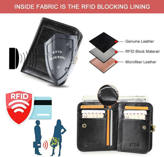 Detalle de CONTACTS women’s RFID blocking slim wallet with kiss lock coin purse – genuine leather compact bifold (black)