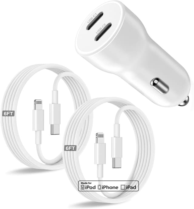 Detalle de iPhone 14/13 Car Charger (Apple MFi Certified) 45W Dual-Port USB-C Adapter with 6ft USB-C to Lightning Cables