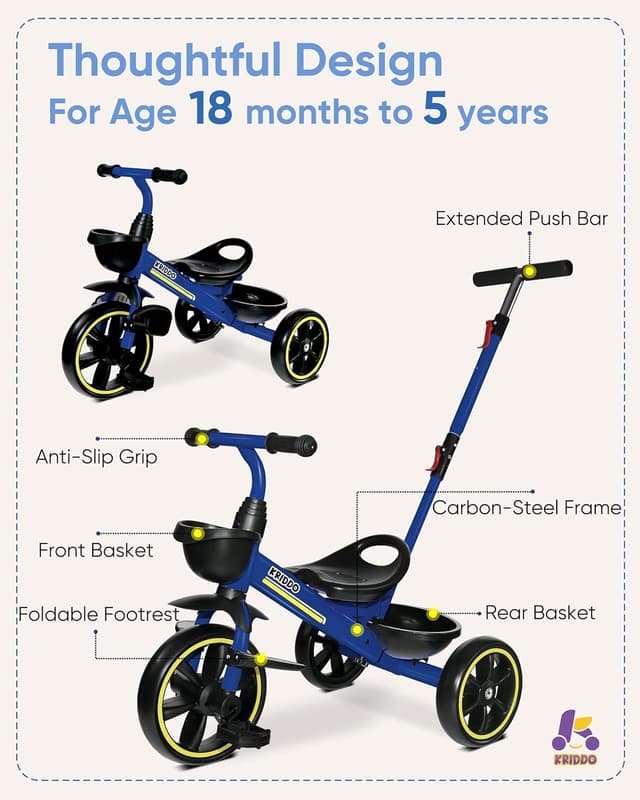 Detalle de KRIDDO 2-in-1 Toddler Tricycle for Ages 18 Months