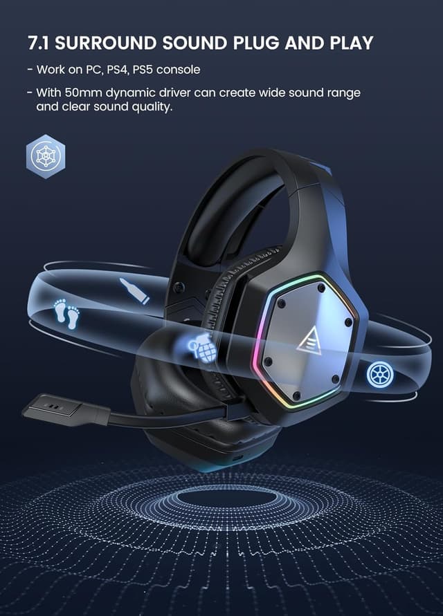 Detalle de EKSA Wireless Gaming Headset für PS4/PS5/PC – 2,4G-USB, 7.1, ENC-Mikrofon und bis zu 36 Stunden Laufzeit