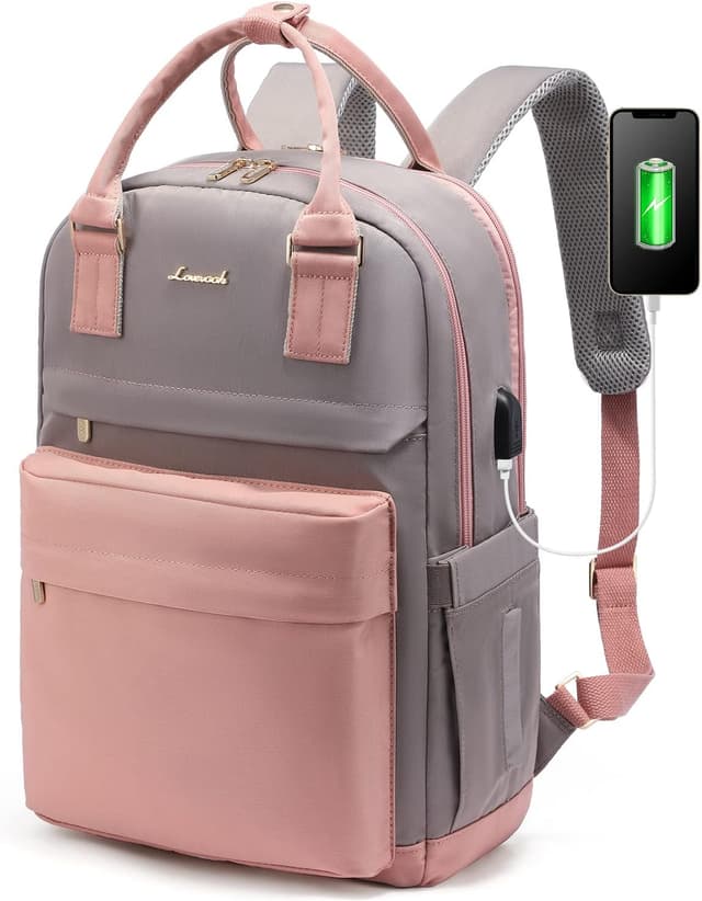 Detalle de LOVEVOOK Rucksack Damen für 15,6-Zoll-Laptop (29 x 43 x 18 cm) – wasserdicht, mit USB-Anschluss, Rosa-Grau