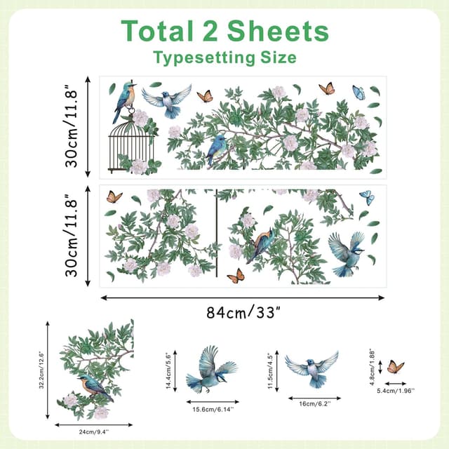 Detalle de HPUINB Green Plants & Birds wall stickers with tropical leaves (removable palm tree mural)